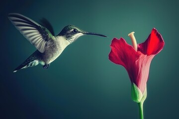 Fototapeta premium Hummingbird in Flight A hummingbird mid-flight, sipping nectar from a vibrant red flower. 