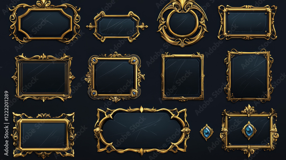 Poster empty square golden frames in medieval style for game ui design. vector cartoon set of user interfac