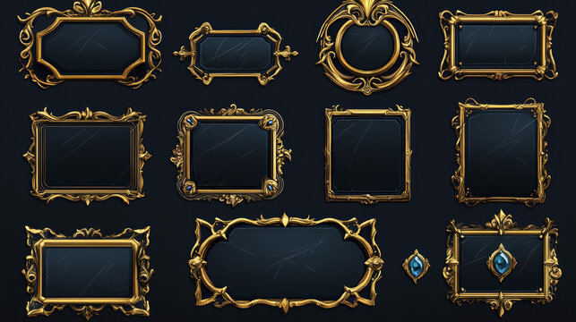 Empty square golden frames in medieval style for game ui design. Vector cartoon set of user interface elements with gold metal flourish thin border with gems isolated on background