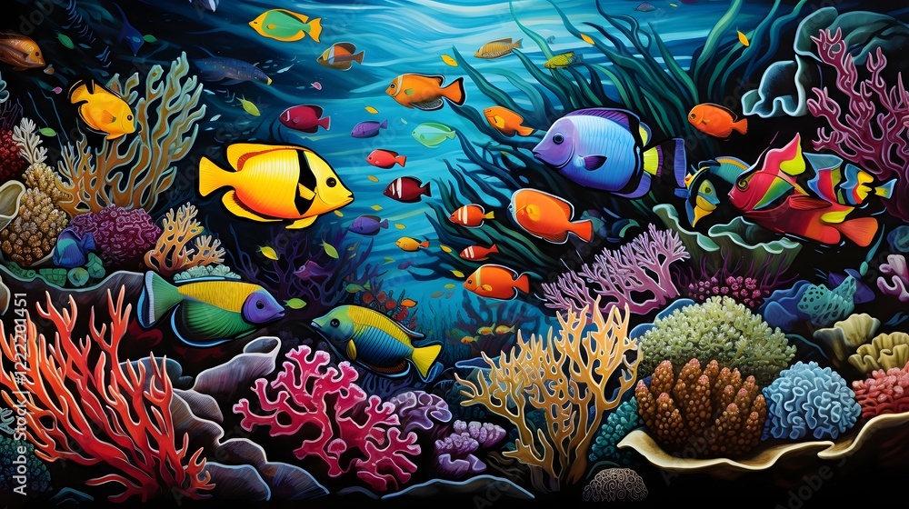 Poster mesmerizing underwater scene of a thriving coral reef ecosystem teeming with a diverse array of colo