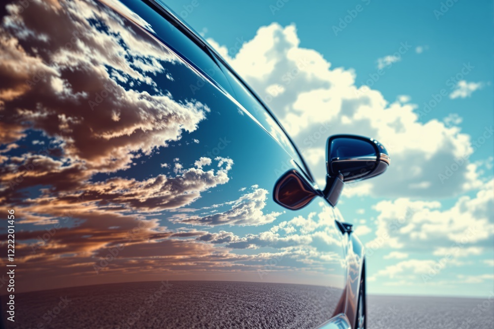 Poster reflection of vibrant clouds on a sleek car's polished surface under a sunny sky.