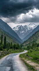 Scenic Mountain Road Under Dark Clouds Leading to Snow-Capped Peaks in Serene Green Valley: Dramatic Landscape Perfect for Nature and Adventure Enthusiasts, Generative AI