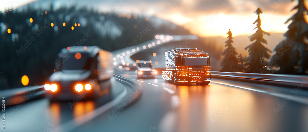 Poster ai-controlled cargo trucks with glowing accents navigating a futuristic highway digital art evening 