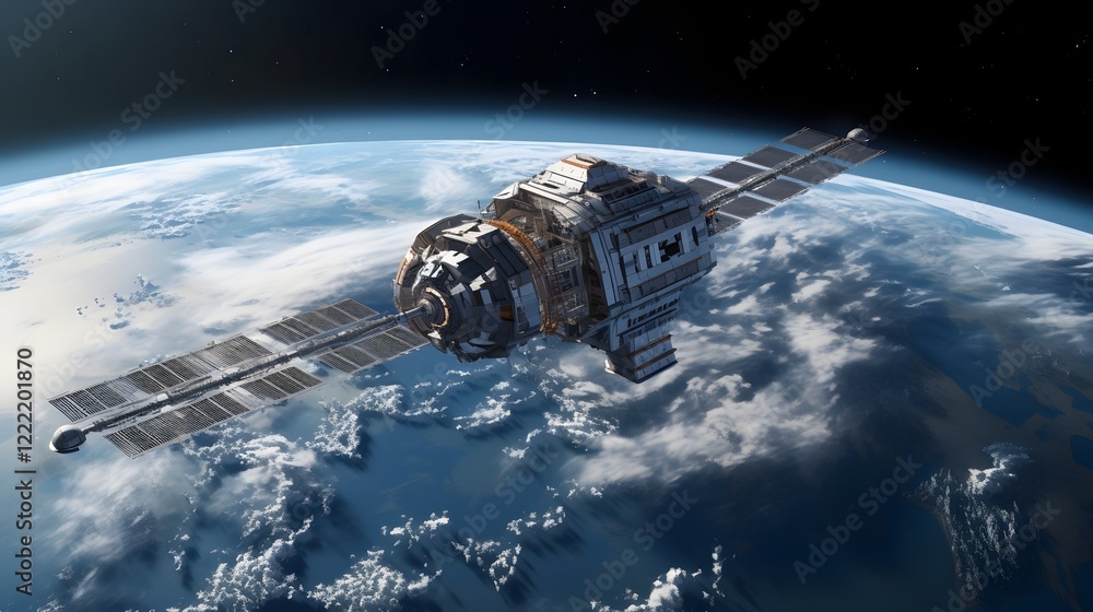 Poster highly detailed 3d rendering of a state of the art space station orbiting the planet earth this adva