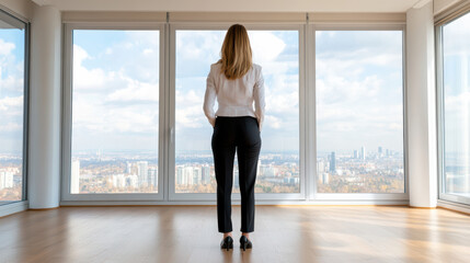 Fototapeta premium professional woman standing in front of large windows, overlooking city view