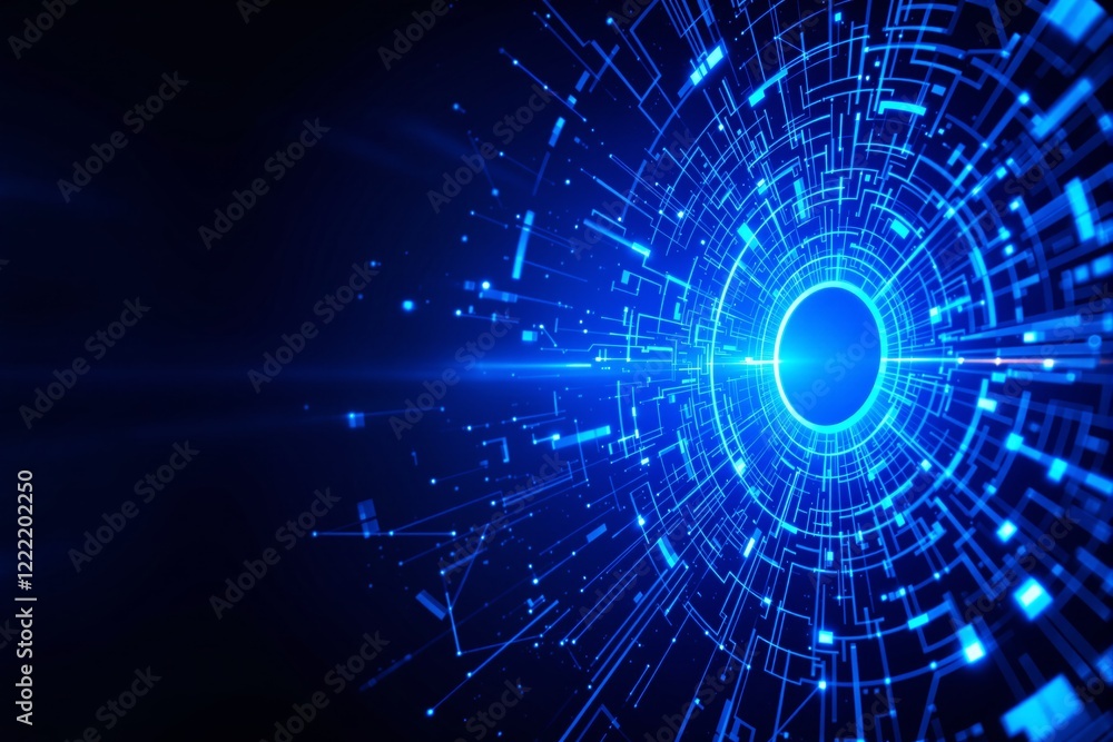 Poster Abstract digital tunnel with glowing blue light and geometric patterns on a dark background.