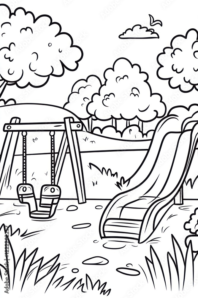 Poster a black and white outline drawing of a playground with a swing set and slide.