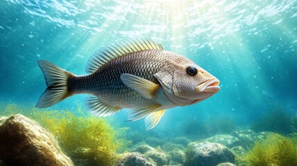 Naklejka premium A beautiful snapper fish, highlighted by the sunlight filtering through the water, swimming near a rocky seabed.
