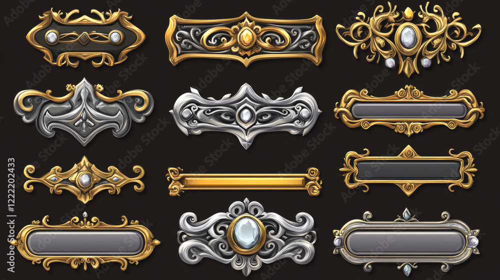 Poster empty circle silver and gold frames in medieval style for game ui design. vector cartoon set of user