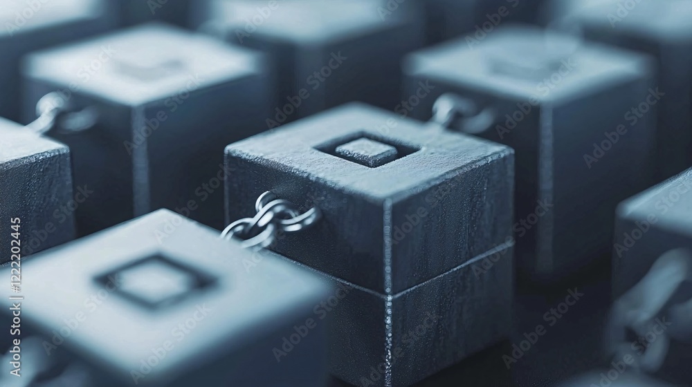 Poster interconnected metal cubes linked by chains abstract technology background
