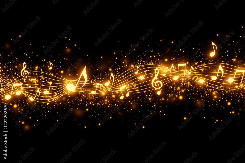 Poster abstract glowing golden music notes on a black background in a sparkling light-filled design.