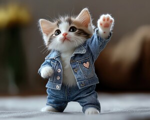 Cute kitten in denim outfit raising paw, adorable kitten wearing denim clothes, fashion kitten in denim jacket with paw up, Adorable kitten in denim outfit waving hello