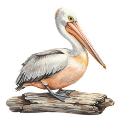 Obraz premium Watercolor Pelican Bird on Driftwood Log Wildlife Art Nature Painting Beak Wing Ocean Avian Fauna 