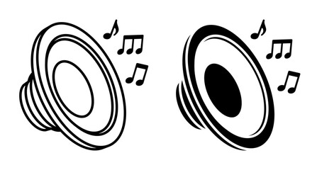 Linear icon, isometric music speakers with notes flying out. Listening to music and melodies on professional audio equipment. Simple black and white top view vector isolated on white background