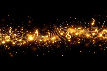 Abstract glowing golden music notes on a black background in a sparkling light-filled design.