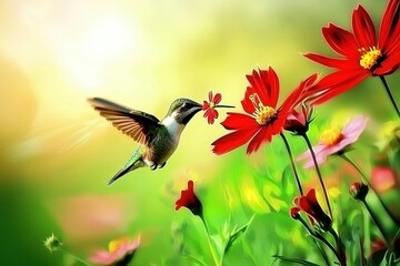 Naklejka premium Hummingbird in Flight A hummingbird mid-flight, sipping nectar from a vibrant red flower. 