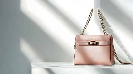 A pink purse with a gold chain sits on a white surface