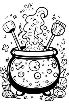 recommend clip art: A cartoon cauldron with a smiling face, bubbling potion, and two stirring sticks.