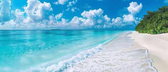 Tropical paradise with soft white sand, gentle turquoise ocean waves, and a vibrant blue sky dotted with fluffy white clouds on a sunny day in the Maldives.