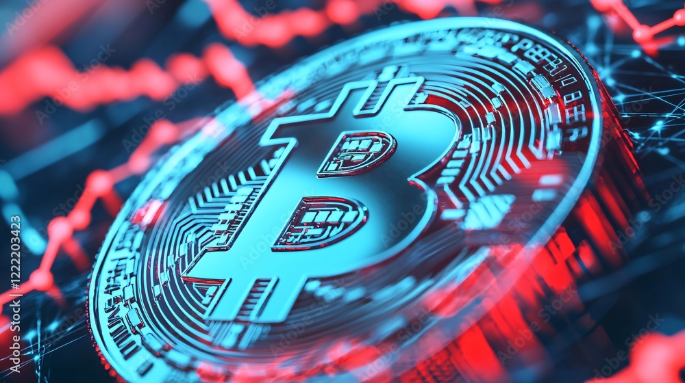 Aufkleber close up of bitcoin cryptocurrency coin with circuit board design red and blue graph background