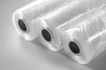 Three rolls of transparent plastic film for packaging.