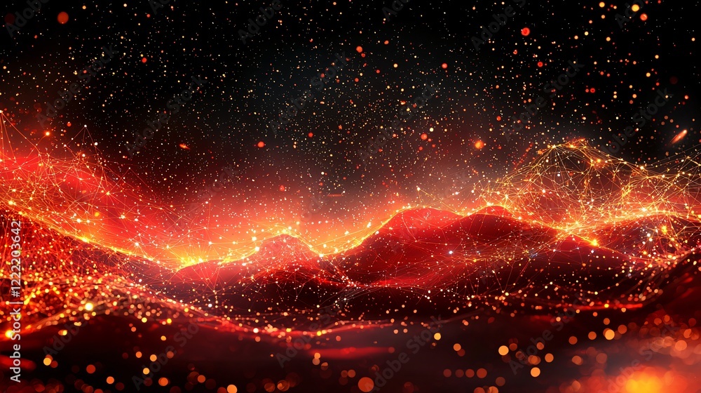 Poster abstract fiery red landscape with glowing network connections and sparkling particles