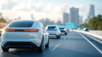 Fototapeta premium Autonomous electric vehicles navigating urban highways in a futuristic cityscape showcasing technology and sustainability