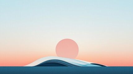 Serene Minimalist Landscape: Pink Sunset Over a Blue Mountain