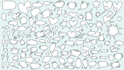 Huge set of dialog boxes, different options are hand drawn. Collection of speech bubbles for conversation, dialogue, doodle style design on blue background. Vector