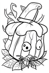 A cartoon pumpkin with a surprised expression, wearing a witch's hat, with a spider underneath.