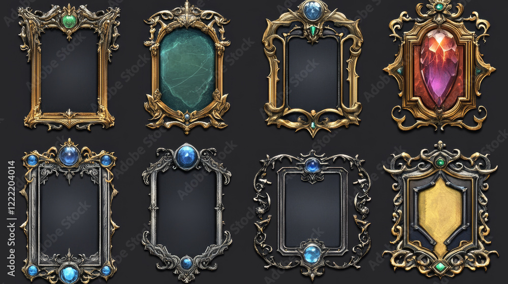 Poster empty rectangle frames in medieval style for game ui design. vector cartoon set of user interface el