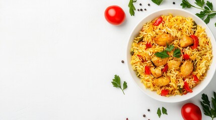 Aromatic Chicken Biryani in White Bowl, Garnished with Parsley and Tomatoes