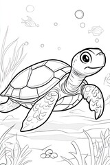 Fototapeta premium A cartoon turtle swimming in the ocean, with seaweed and bubbles around it.