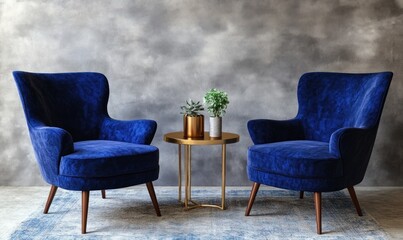 Two blue velvet armchairs face each other across a gold side table on a rug against a textured wall.