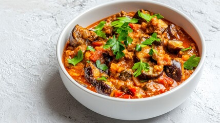 Fototapeta premium Aromatic Eggplant Curry in a White Bowl