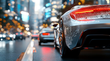 Futuristic vehicles in a dynamic urban environment cityscape digital art nighttime perspective innovation and technology