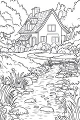 Obraz premium A charming cottage nestled in a peaceful forest setting with a winding path leading to the front door and a stream running through the landscape.