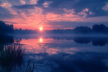 Serene sunrise over misty lake with colorful sky reflected in calm water.