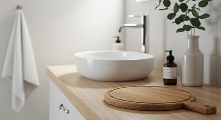 Fototapeta premium A minimal bathroom vanity with a wooden countertop, round basin sink, and modern faucet, accented by greenery and neatly arranged essentials.