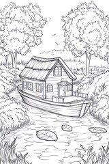 Naklejka premium A charming houseboat with thatched roof sits on a peaceful river surrounded by lush vegetation and lily pads.