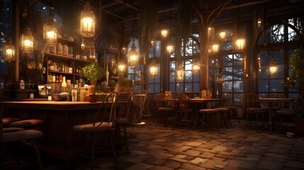 Warm and inviting caf interior featuring hanging lights wooden tables and chairs creating a cozy and relaxing atmosphere for dining socializing or casual meetings