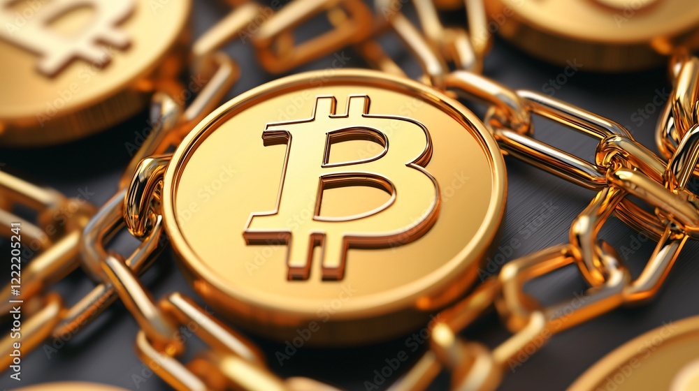 Aufkleber golden bitcoin cryptocurrency coins linked by a chain blockchain technology concept