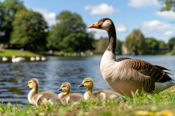 Obraz premium A mother goose watches over her three fluffy goslings on a grassy lakeshore. The calm water, lush greenery, and blue sky create a serene and peaceful nature scene. 