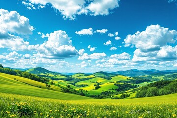 Fototapeta premium Vibrant green hills and blue sky with white fluffy clouds.