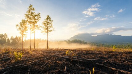 Land and Adaptation concept, Sunrise over a misty landscape with scattered trees and distant mountains.