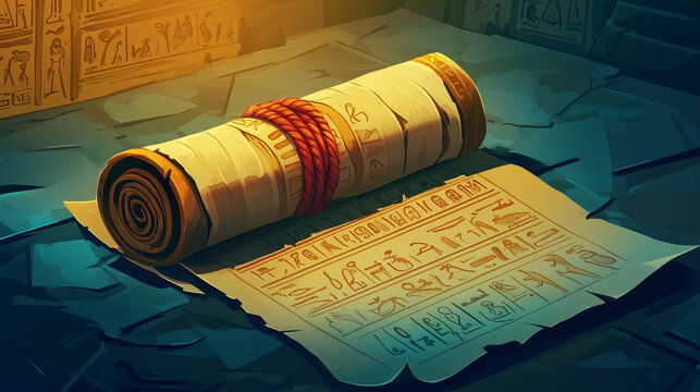 Ancient Egypt papyrus scroll cartoon vector illustration. Egyptian culture symbol, ancient paper to store information decorated with red cord and isolated on white