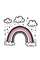 A colorful rainbow with clouds and rain, with musical notes.