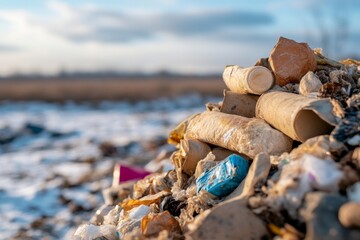 Obraz premium Piled waste materials on a snowy landscape under a cloudy sky.