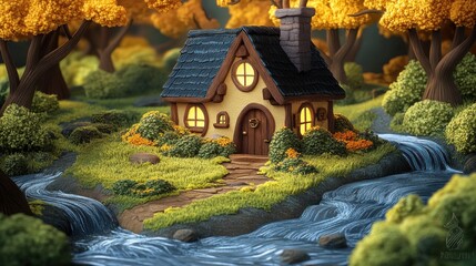 A cozy cottage with a warm glow sits nestled in a lush forest with a cascading stream.