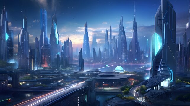 A breathtaking futuristic cityscape featuring towering glowing skyscrapers and advanced flying vehicles navigating the dynamic urban environment of the future